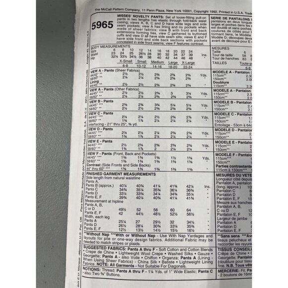 90s McCalls 5965 Misses Novelty Pants Sewing Pattern Size XL Vintage 1992 UNCUT - Picture 4 of 7